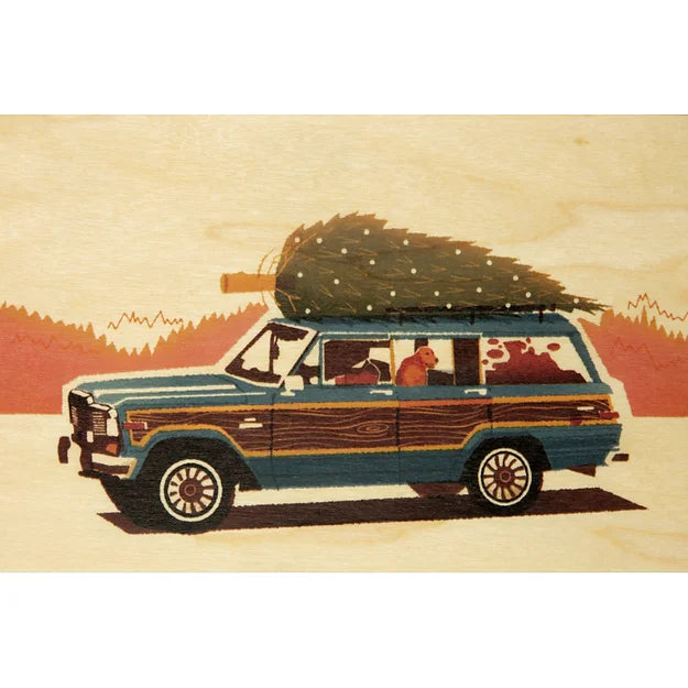 Carte en Bois - Voyage Christmas Tree on a Car